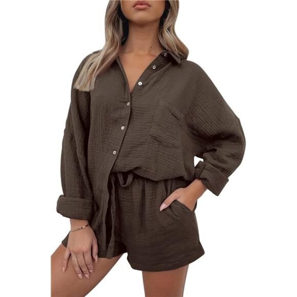 Ultra-Comfy Lounge Set for Women – Oversized Button-Down Top & Drawstring Shorts